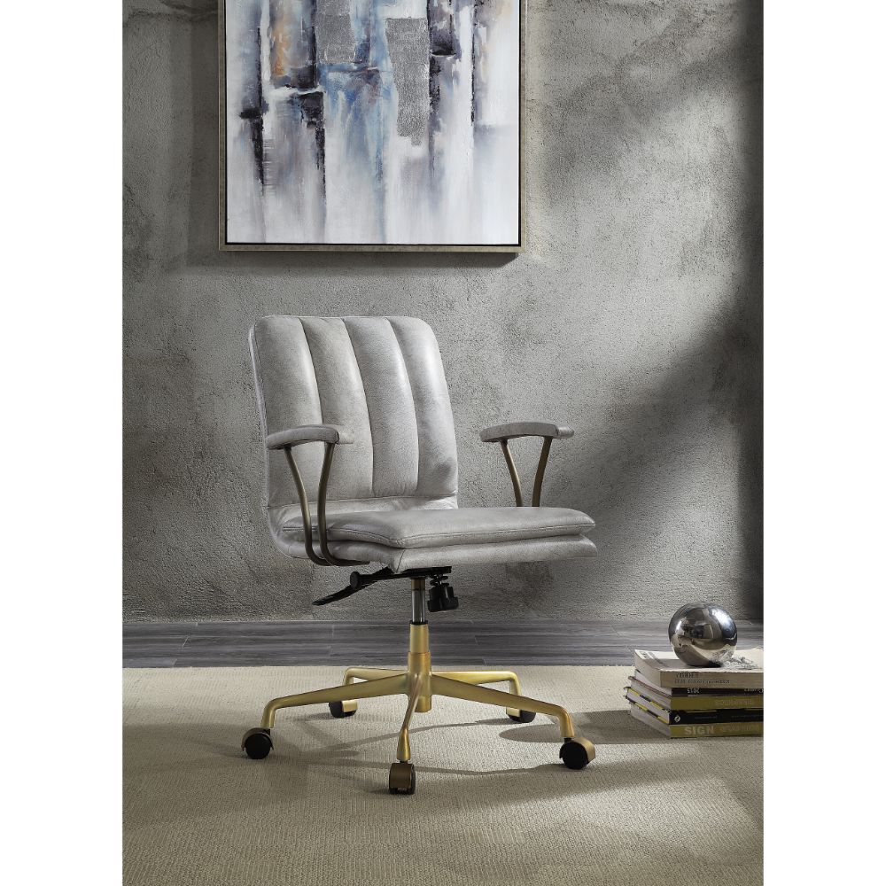 Damir - Office Chair - Vintage White Top Grain Leather & Chrome