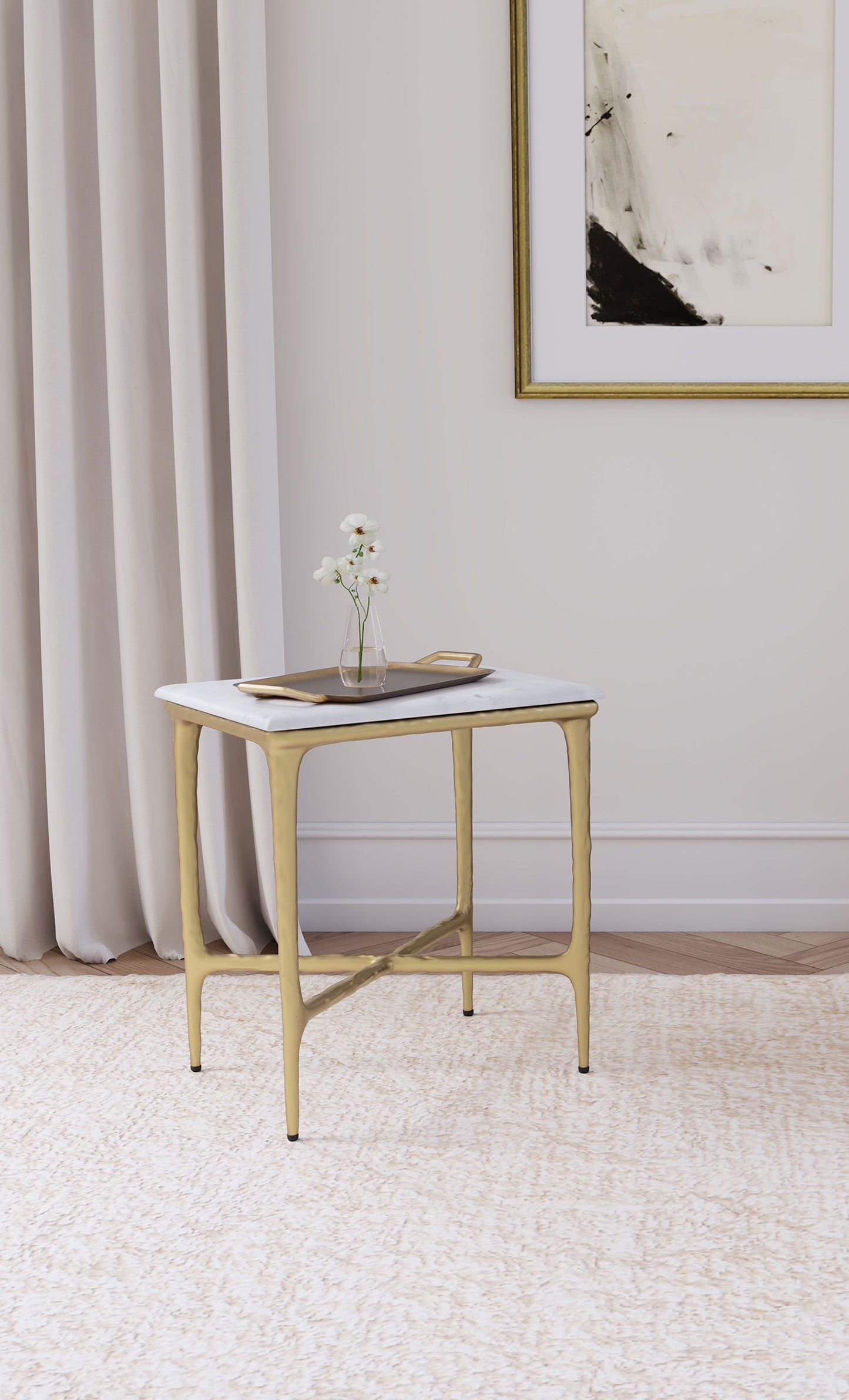 Baldwin - Rectangular Marble Top Side Table - White And Gold