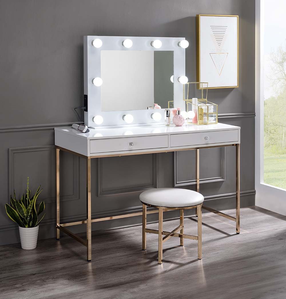 Ottey - Vanity Desk - White High Gloss & Gold Finish