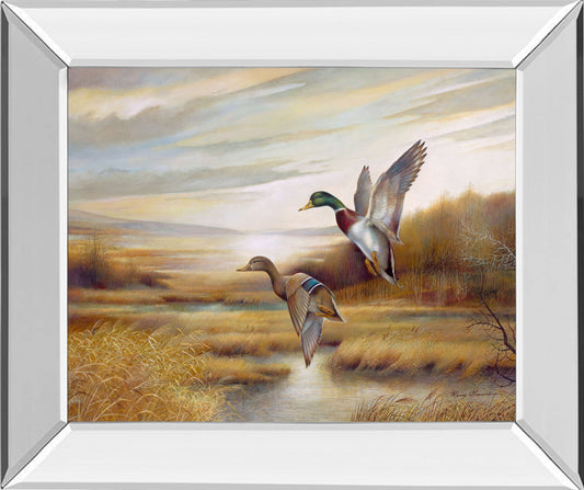 22x26 Mallards By Ruanne Manning And Mossy Oak Native Living - Mirror Framed Print Wall Art - Dark Brown