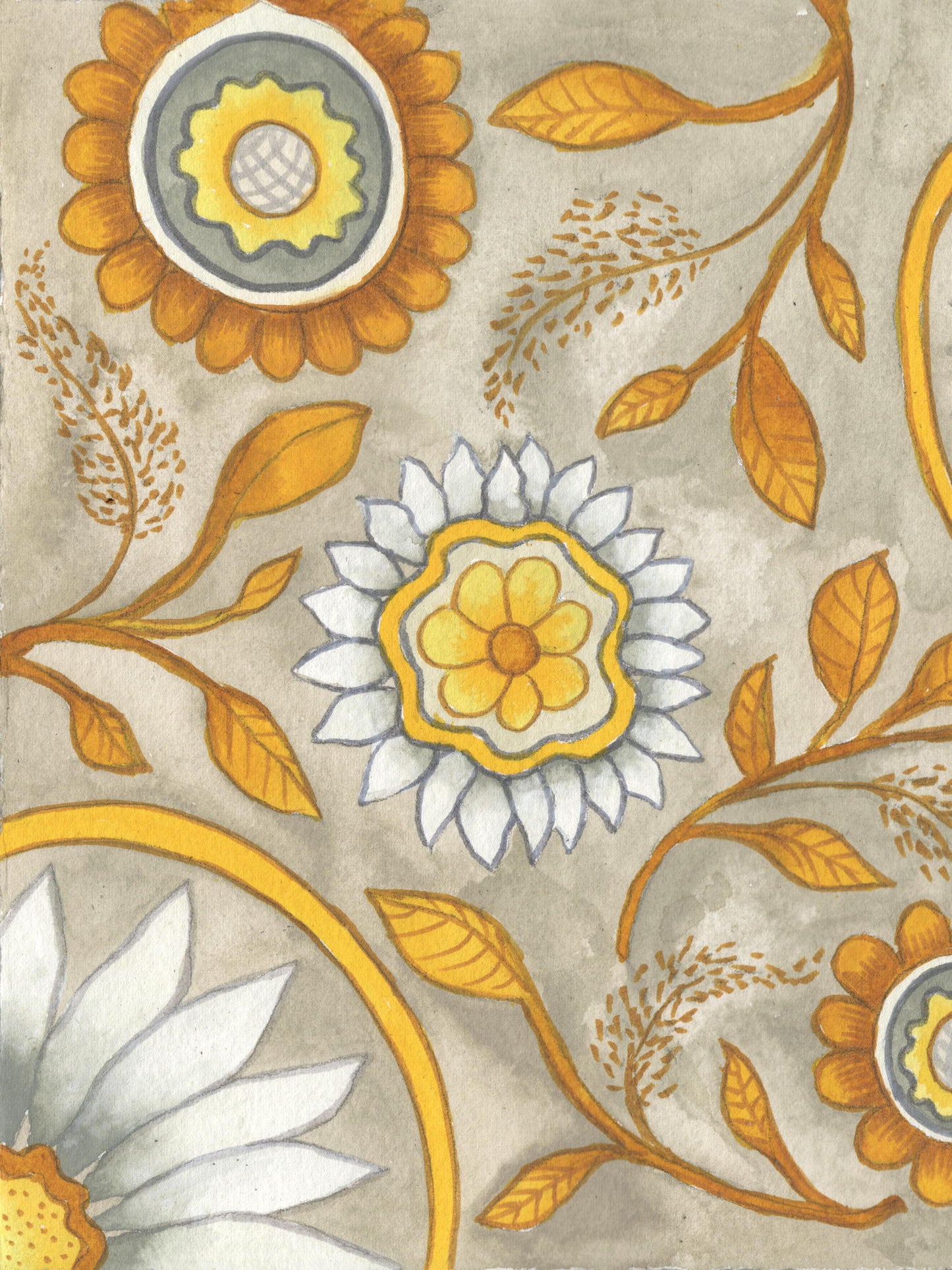 Framed Small - Flowers On Grey I By Elizabeth Medley - Yellow