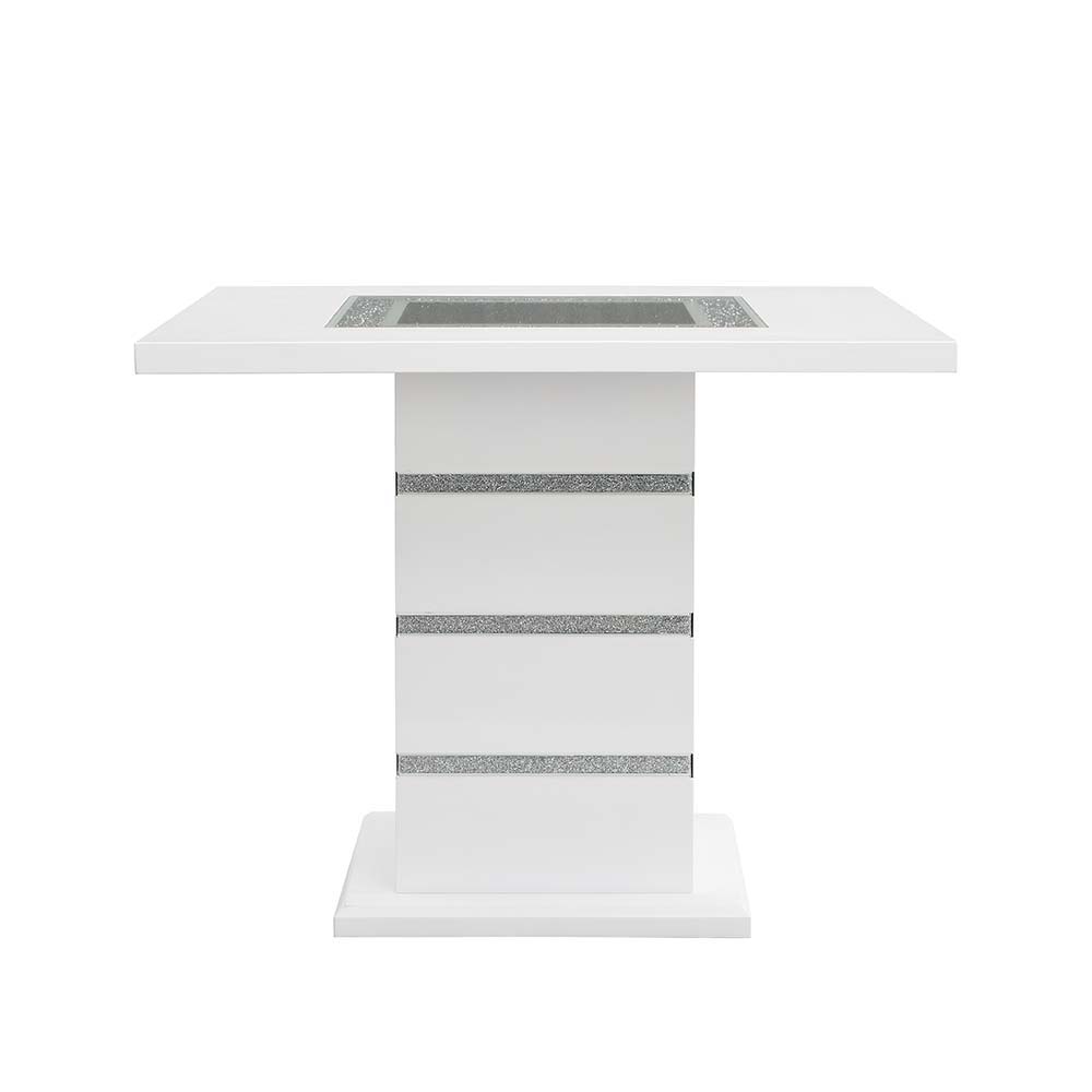 Elizaveta - Counter Height Table - Gray Velvet, Faux Crystal Diamonds &White High Gloss Finish